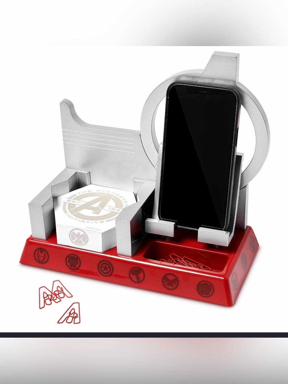 New in Box Avengers Themed Desk Organizer with Phone Stand - Silver & Red